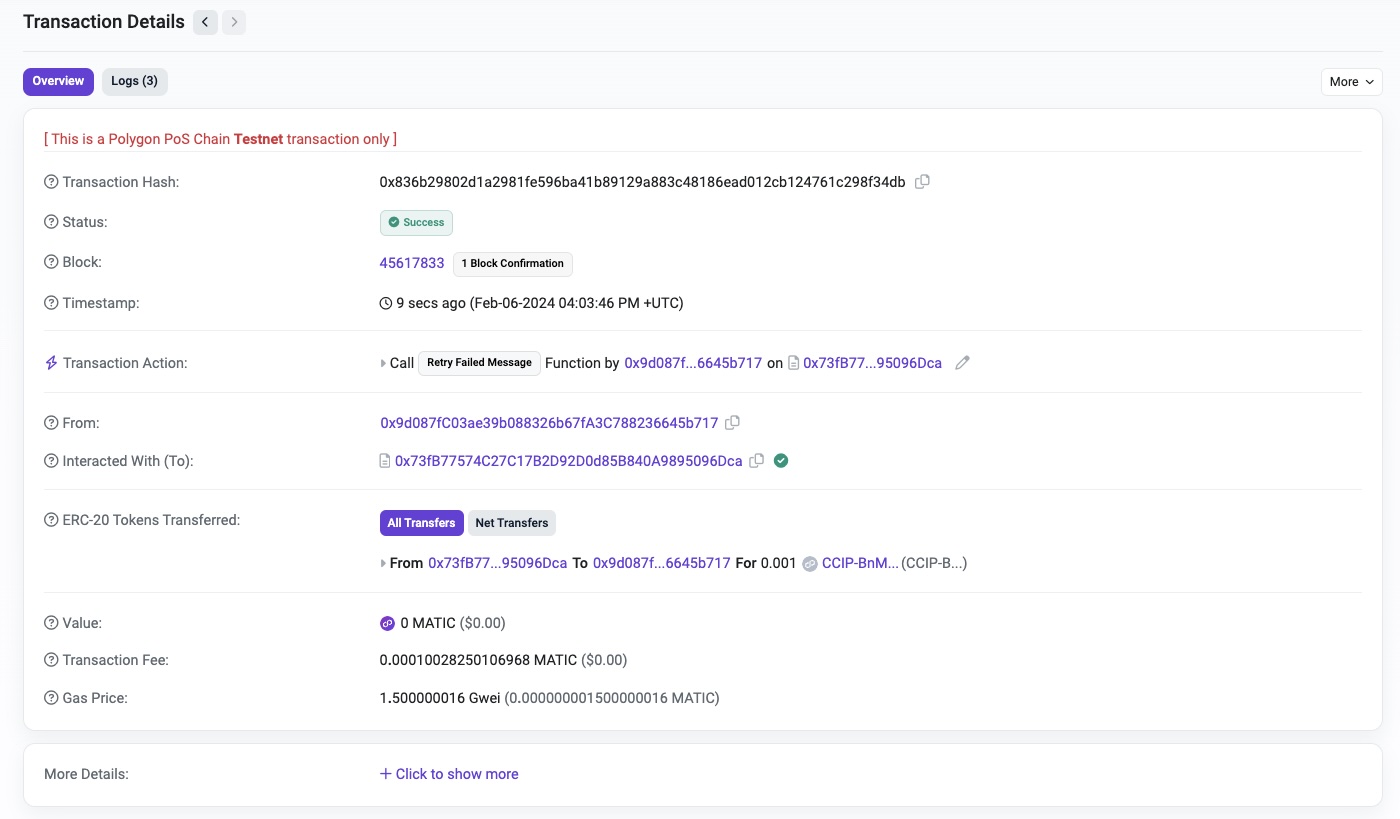Chainlink CCIP retry failed message - tokens transferred