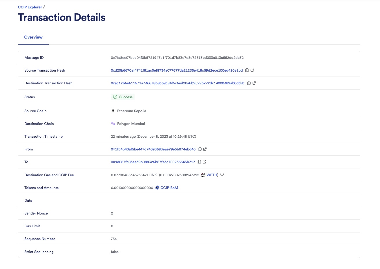 Chainlink CCIP Explorer transaction details success